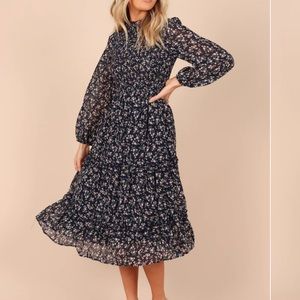 EDWINA SHIRRED FRILL LONG SLEEVE MIDI DRESS - NAVY FLORAL